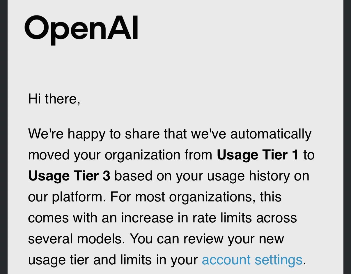 OpenAI tier upgrade email — Tier 1 to Tier 3